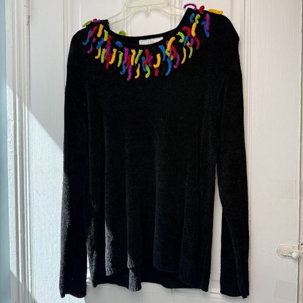 VTG Colorful Fringe Sweater Womens Large Black Knit Shoulder Pads Chenile